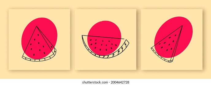 Collection of contemporary watermelon illustrations. Abstract fruits. Modern design for posters, cards. Abstract minimalist line art posters