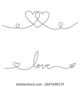 A collection of continuous line art designs featuring love symbols. Includes intertwined hearts with pink fills and outlines, as well as the word 'love' written in a stylish one-line script.