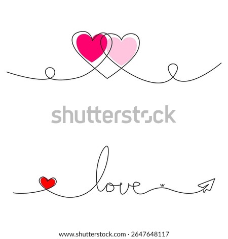 A collection of continuous line art designs featuring love symbols. Includes intertwined hearts with pink fills and outlines, as well as the word 'love' written in a stylish one-line script.
