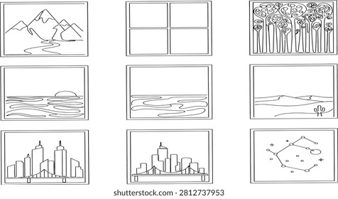 A collection of continuous line art illustrations depicting various landscapes and celestial scenes