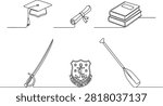 A collection of continuous line drawings representing education graduation and military academy life