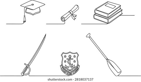 A collection of continuous line drawings representing education graduation and military academy life
