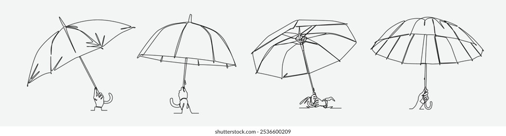 Collection of continuous one line drawing of hands holding umbrella. Editable line. Vector illustration.