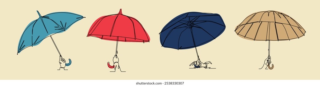 Collection of continuous one line drawing of hands holding umbrella. Editable line and colored. Vector illustration.