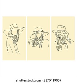Collection of continuous one line drawings of women in a hat. Line style