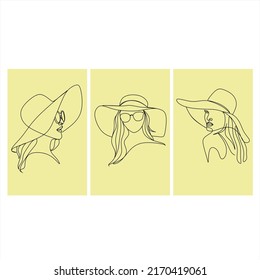 Colección de dibujos continuos de una línea de mujeres en un sombrero. Estilo de línea