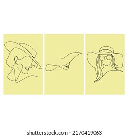 Collection of continuous one line drawings of women in a hat. Line style