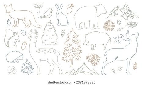 Collection of continuous single line forest animals character vector illustration isolated on white background. Fox, hare, bear, deer, elk, boar, squirrel, bird, hedgehog and woodland nature element