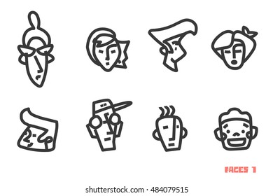 Collection of contour avatars with different human faces. Vector icons set. Logo templates.