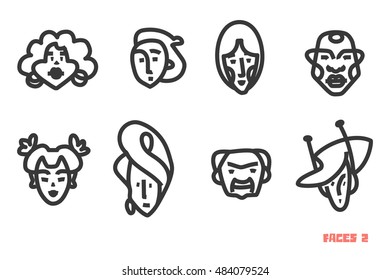 Collection of contour avatars with different human faces. Vector icons set. Logo templates.