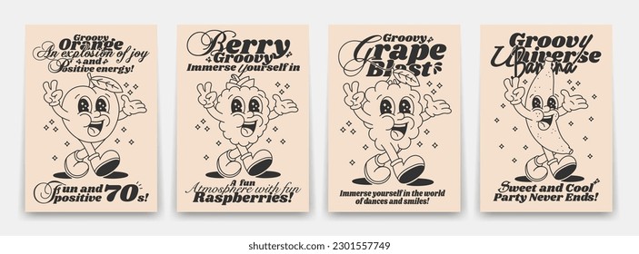 Collection contour groovy posters 70s. Retro poster with funny cartoon walking characters in the form of fruits and poisons, orange, grape, raspberry and banana. Vintage prints, isolated