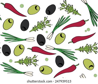 Collection of contour vegetable pattern featuring chili peppers, onion, olives etc