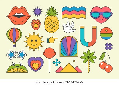 Collection contoured hipster stickers pop art groovy decorative design vector cartoon illustration. Set summer t shirt print lips, rainbow, sunglasses, hot air balloon, pigeon, palm tree, pyramid