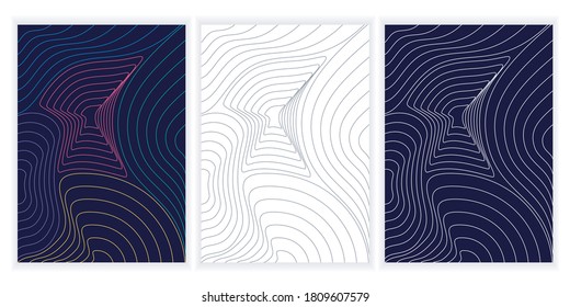 Sammlung von Konturen Sammlung topographischer Hintergründe. mit 3 Stilen. Contour map vektor a4. Vektorgrafik der abstrakten topographischen Weltkarte.