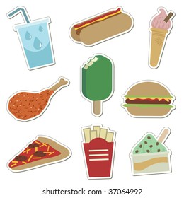 collection of convenience food stickers isolated on white