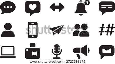 Collection of convers sort Faith Map Page faith Page faith Page black and white icons symbolizing various aspects of digital communication and online interaction.