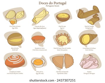 Collection of convetual sweets of Portugal, typical portuguese sweets. vector illustration.