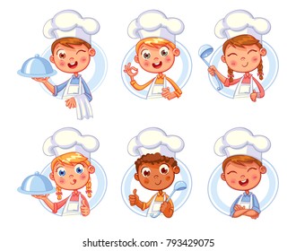 Collection of Cook Chef portraits in different situations. Child in a cook's cap and with a towel, holds a ladle. Kid makes gesture ok, holding dish with food. Logo design template for baby food. Set