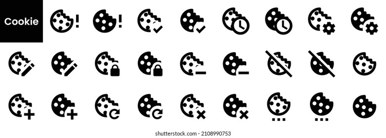 Collection of cookie icons. Black flat icon set isolated on white Background