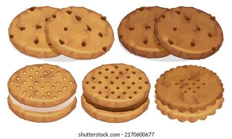 Collection of Cookies and biscuits round sweet tasty various dessert in cartoon style, vector illustration