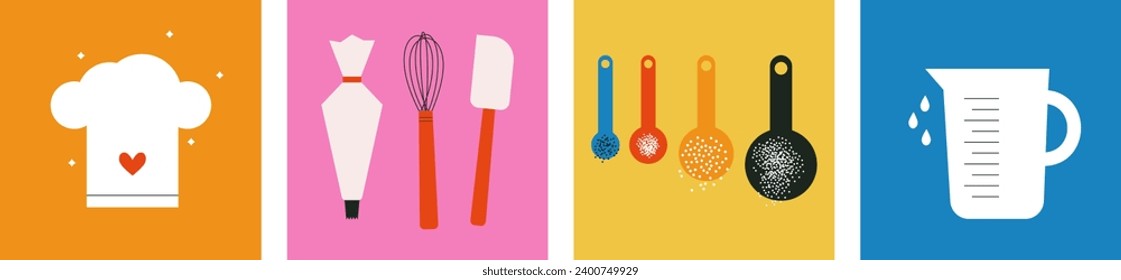 Colección de elementos de diseño de vectores alimentarios de cocina. Juego de iconos de utensilios de cocina. Cocina para cocinar y hornear. Cucharas de colores. Ilustración vectorial plana. Estilo abstracto de moda. Diseño escandinavo