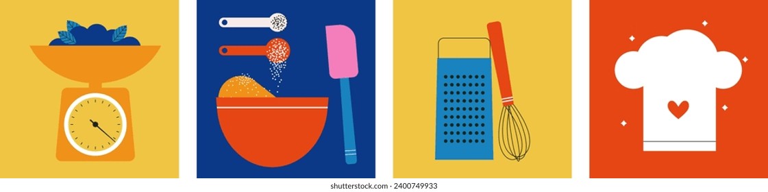 Colección de elementos de diseño de vectores alimentarios de cocina. Juego de iconos de utensilios de cocina. Cocina para cocinar y hornear. Huella de cocina. Ilustración vectorial plana. Estilo abstracto de moda. Diseño escandinavo.