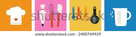 Collection of cooking food vector design elements. Kitchen utensils icon set. Kitchenware for cooking and baking. Colorful spoons. Flat vector illustration. Trendy abstract style. Scandinavian design
