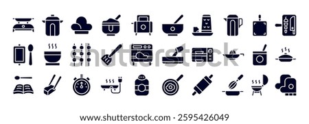 Collection of Cooking Icons Featuring Kitchen Utensils, Appliances, and Food Preparation Tools for Culinary Arts