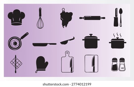 Collection of cooking and kitchen utensils icons isolated on purple background