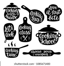 Collection of cooking label or logo. Hand written lettering, calligraphy cooking vector illustration. Cook, chef, kitchen utensils icon or logo. 