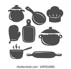 Collection of cooking label or logo. Silhouettes of kitchen utensils and cooking supplies.