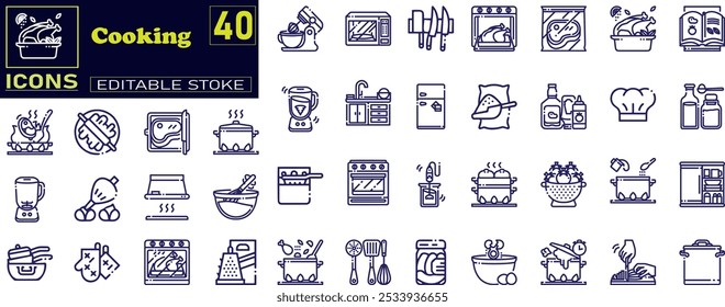 Collection of cooking related line icons .