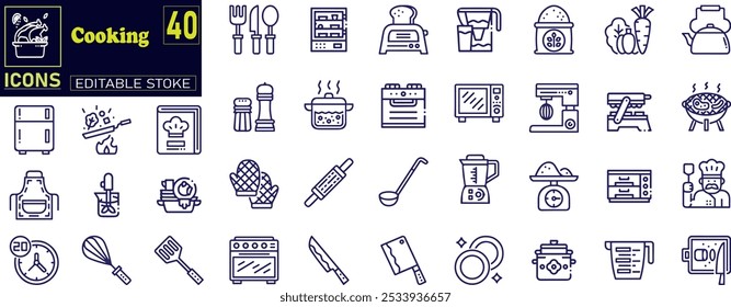 Collection of cooking related line icons .