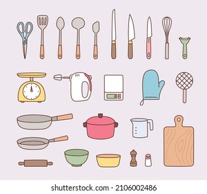 A collection of cooking tools. kitchen utensils. flat design style vector illustration.