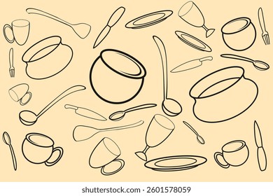 a collection of cooking utensils, eating and drinking utensils on a brown background
