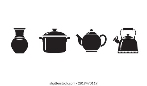 Collection of cookware icons featuring pot teapot kettle and pan