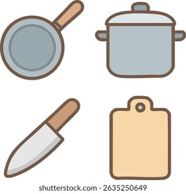 Collection of cookware and tools including a frying pan, pot, knife, and cutting board in vector style.