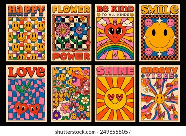 Collection Of Cool 70s Groovy Posters. Set Of Retro Vintage Psychedelic Funky Placards. Y2k Comic Funny Smile Characters.