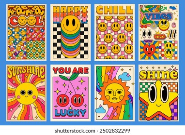 Collection Of Cool 70s Groovy Posters. Set Of Retro Vintage Psychedelic Funky Placards. Y2k Comic Funny Smile Characters.