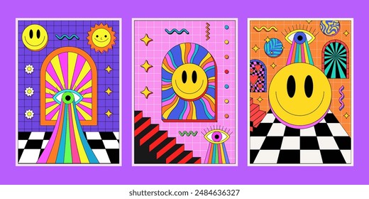 Collection Of Cool Abstract Surreal Pop Art Posters. Trendy Y2k Vaporwave Geometric Illustrations.