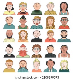 Collection of cool colored avatars of a man and a woman