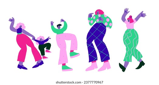 Collection of cool colorful people doodles. Colorful party characters dancing on white. Cartoon people