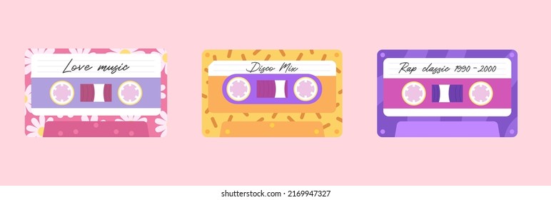 Collection of Cool Cute cassette. Vector illustration of y2k, 1990s, 1980s graphic design. Comic element for sticker, poster, graphic tee print, bullet journal cover, card. Bright colors.