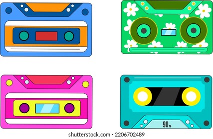 Collection of Cool Cute cassette. Vector illustration of y2k, 1990s, 1980s graphic design. Comic element for sticker, poster, graphic tee print, bullet journal cover, card. Bright colors.