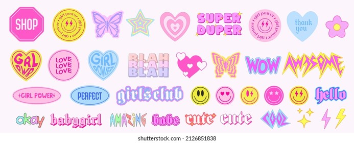 Collection of Cool Cute Stickers Vector Design. Trendy Girly Patches Collection. Smile Emotions.