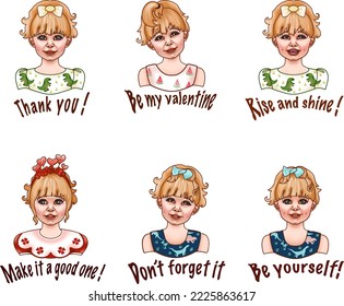 Collection of cool cute stickers Vector design. A collection of trendy girly stickers. Thank you. Be my valentine. Wake up and shine. Don't forget about it.