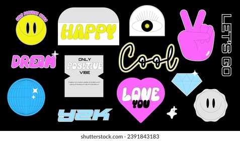 Kollektion von Cool Cute Stickers Vectordesign. Kollektion für trendige Patches. Lächeln Emotionen.
