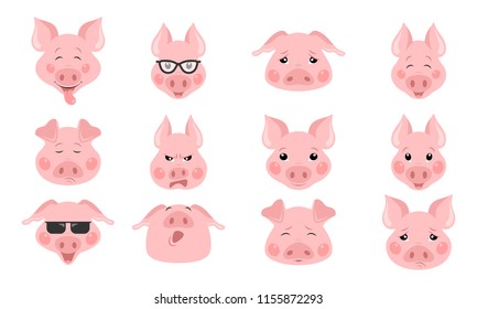 Collection of Cool Funny Pig Emoticon Characters in Different Emotions - Illustration Vector