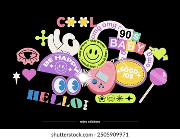 Collection of Cool Groovy Stickers. Set of retro patches, labels, tags, phrases. Omg, hello, be happy, 90s baby. Abstract retro isolated  badges. 