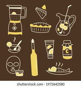 Collection of cool linear icons with dishes, drinks, recipes, cosmetics using lemons. Blender, pie, tea, lemonade, limoncello, mask, cream, vitamin C, baked fish. Set of simple stylish illustrations